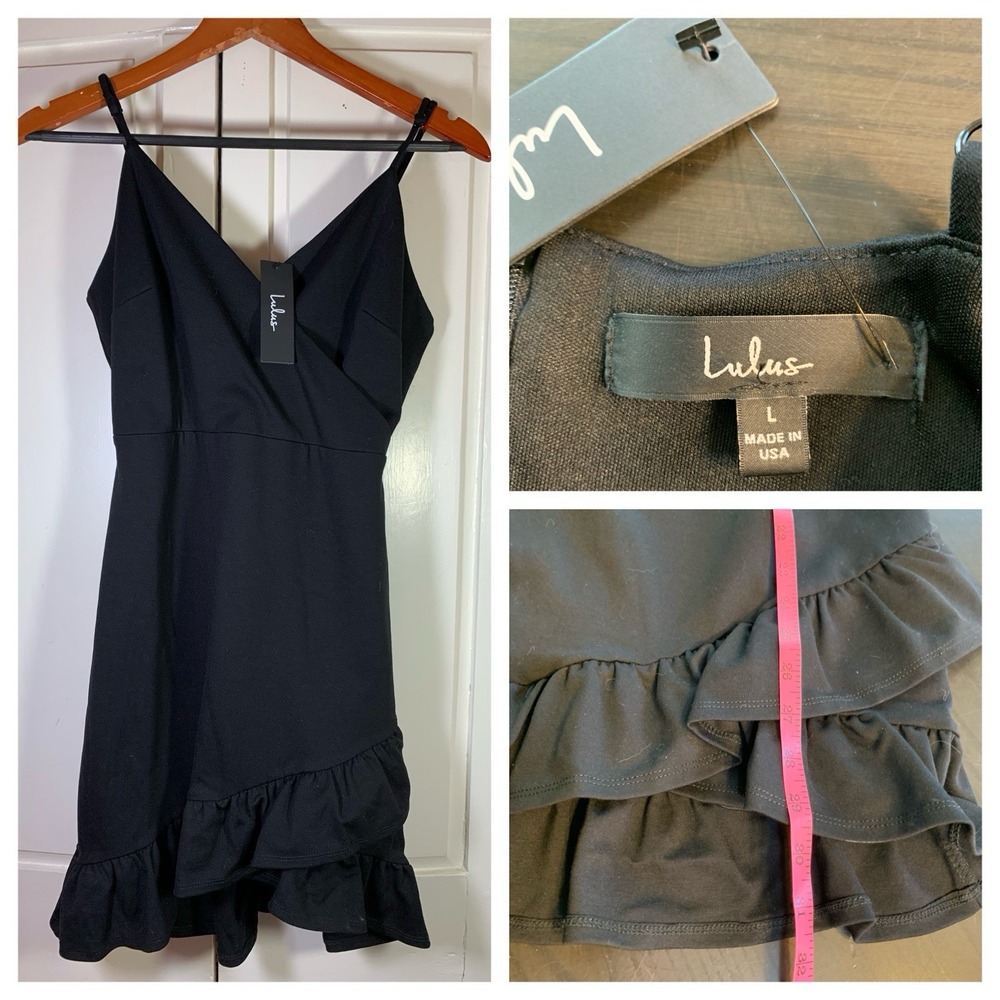 LULUs Black Mini Strappy Classic Ruffle Dress Size Large Stretch LBD Semi Formal